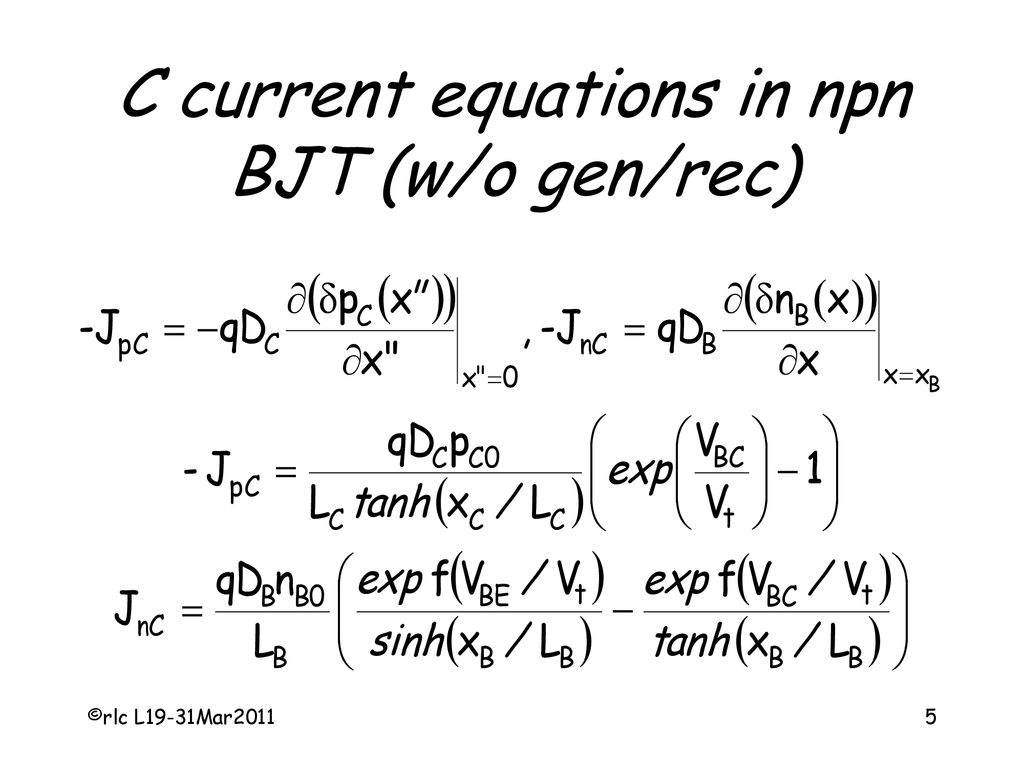 C current equations in npn BJT (w/o gen/rec)