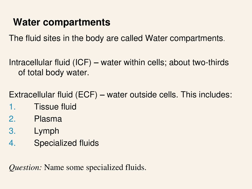 Water compartments The fluid sites in the body are called Water compartments.