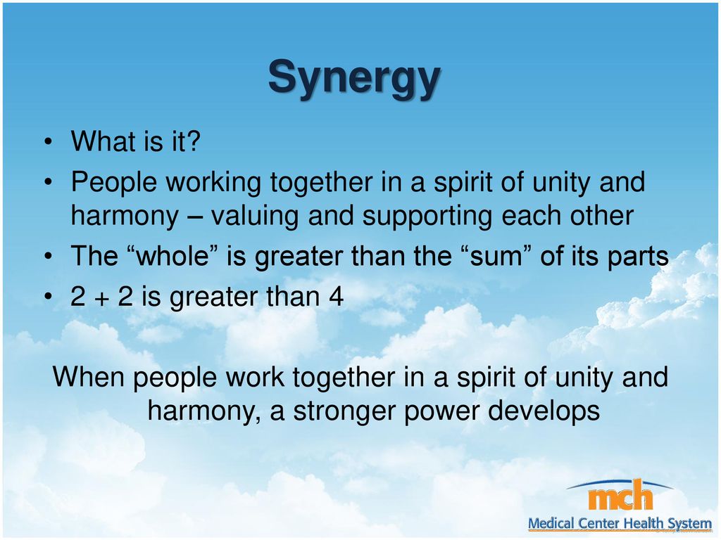 Synergy What is it People working together in a spirit of unity and harmony – valuing and supporting each other.