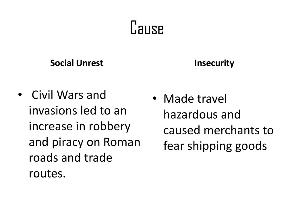 Cause Social Unrest. Insecurity. Civil Wars and invasions led to an increase in robbery and piracy on Roman roads and trade routes.