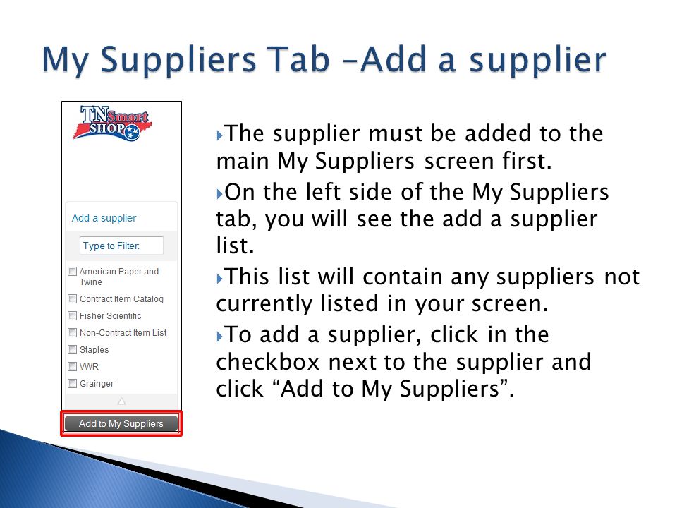 My Suppliers Tab –Add a supplier