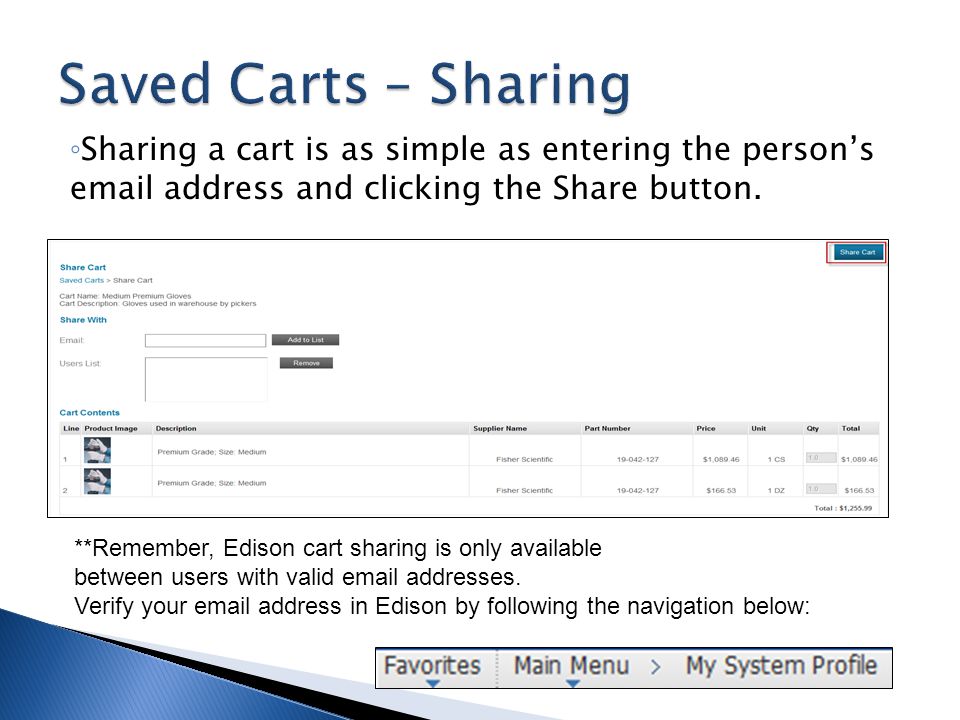 Saved Carts – Sharing Sharing a cart is as simple as entering the person’s  address and clicking the Share button.