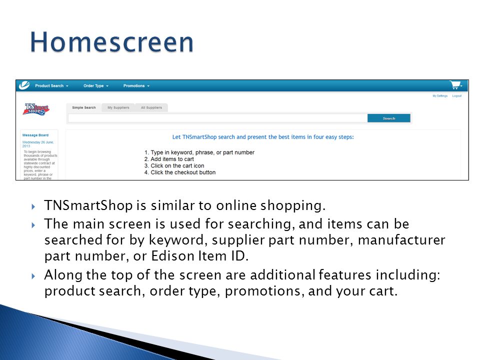 Homescreen TNSmartShop is similar to online shopping.