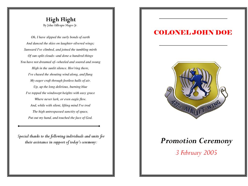 Promotion Ceremony 3 February 2005 COLONEL JOHN DOE