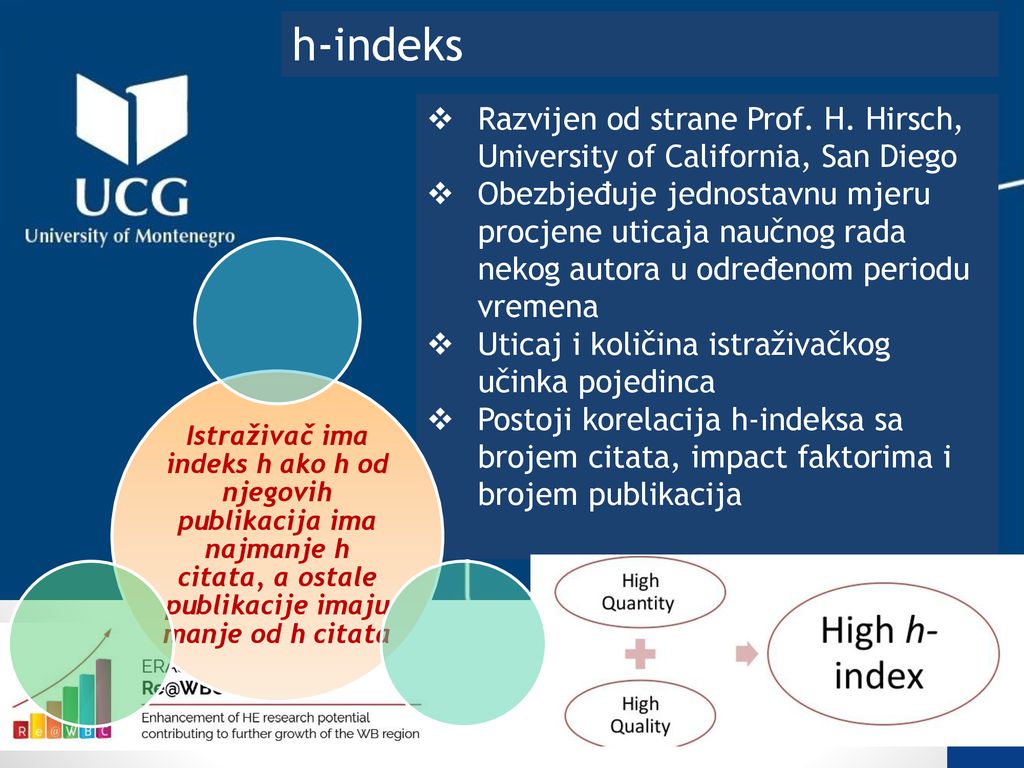 h-indeks Razvijen od strane Prof. H. Hirsch, University of California, San Diego.