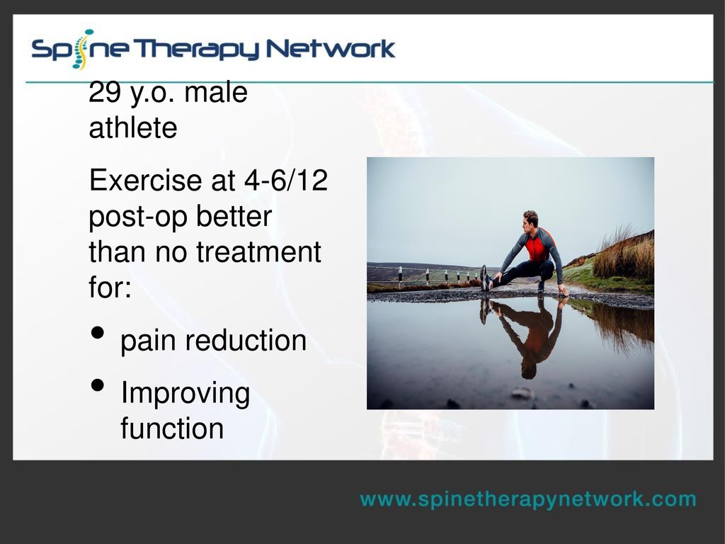 29 y.o. male athlete Exercise at 4-6/12 post-op better than no treatment for: pain reduction.