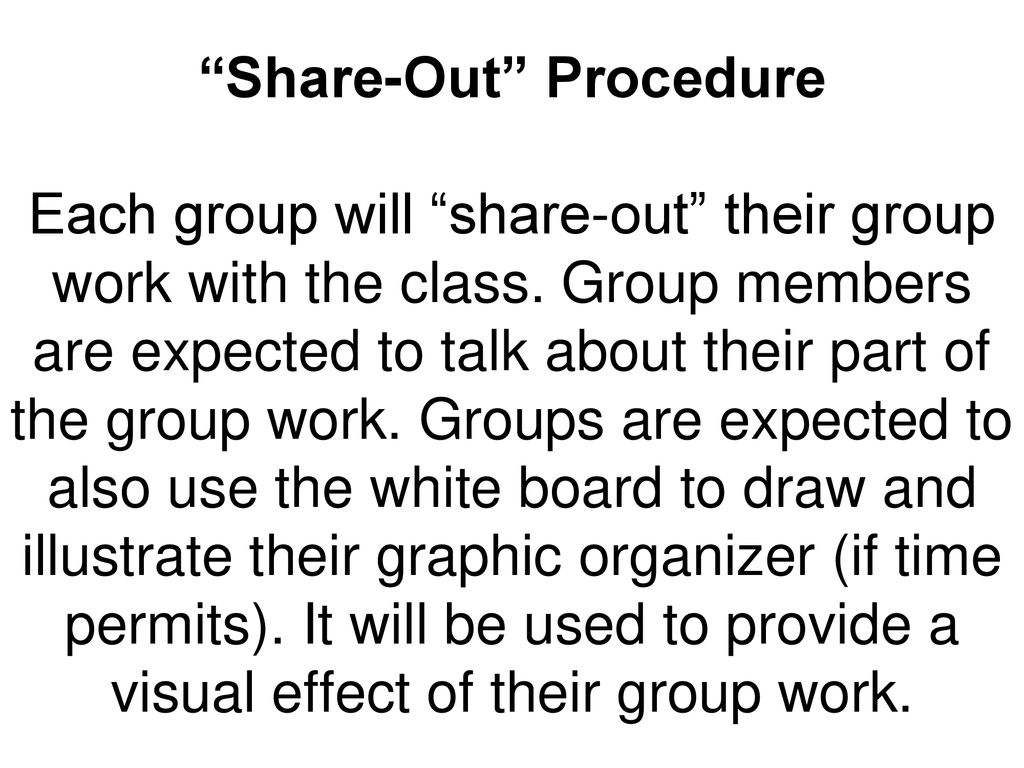 Share-Out Procedure Each group will share-out their group work with the class.