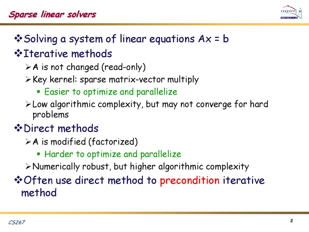 Solving a system of linear equations Ax = b Iterative methods