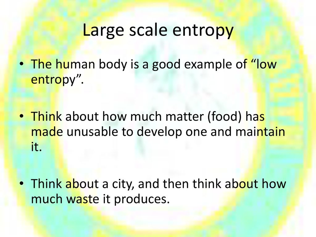 Large scale entropy The human body is a good example of low entropy .