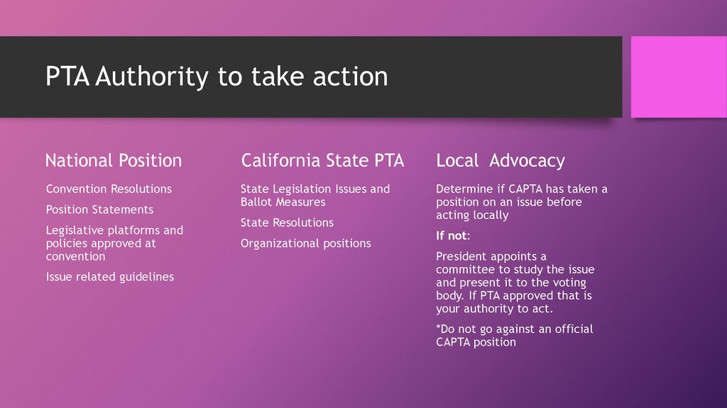 PTA Authority to take action