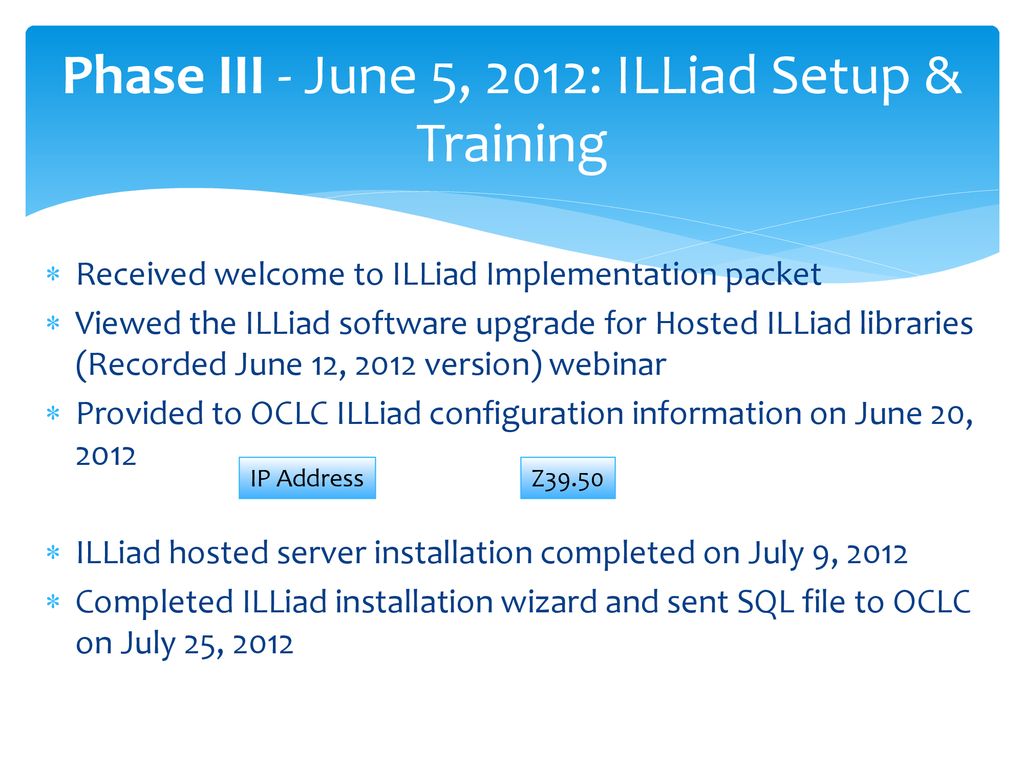 Phase III - June 5, 2012: ILLiad Setup & Training