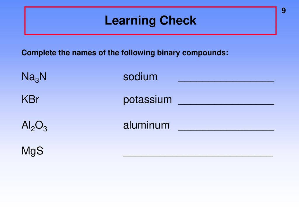 Learning Check Na3N sodium ________________