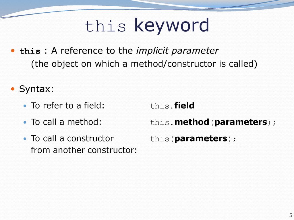 This keyword this a reference to the implicit parameter syntax ppt