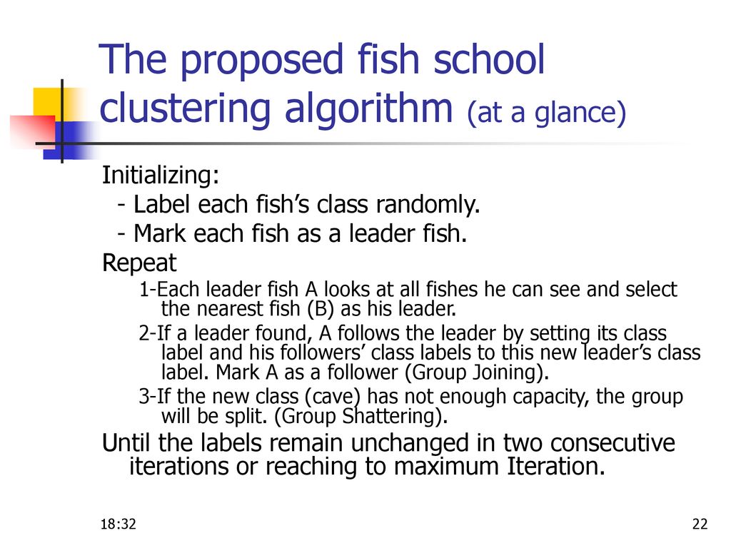 The proposed fish school clustering algorithm (at a glance)