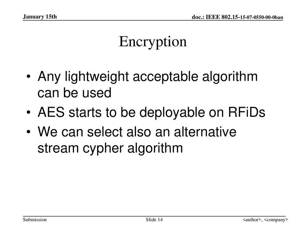 Encryption Any lightweight acceptable algorithm can be used