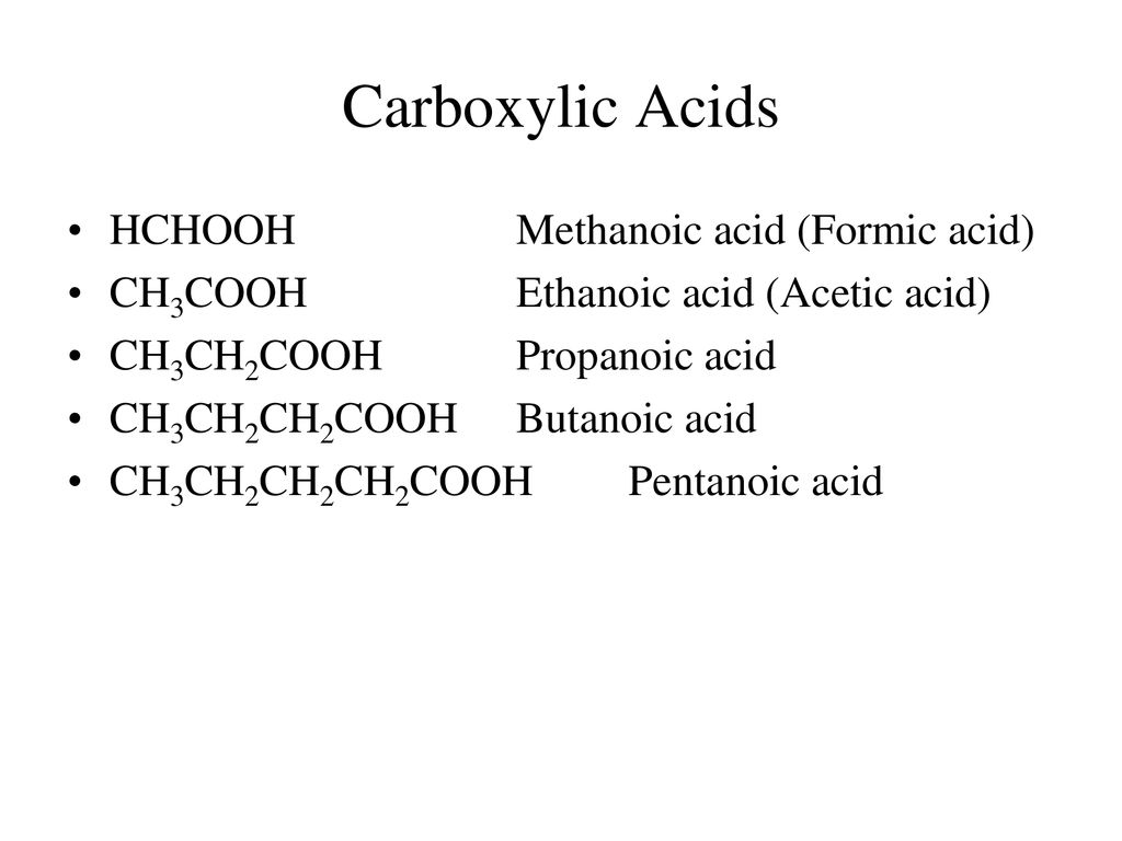Carboxylic Acids HCHOOH Methanoic acid (Formic acid)