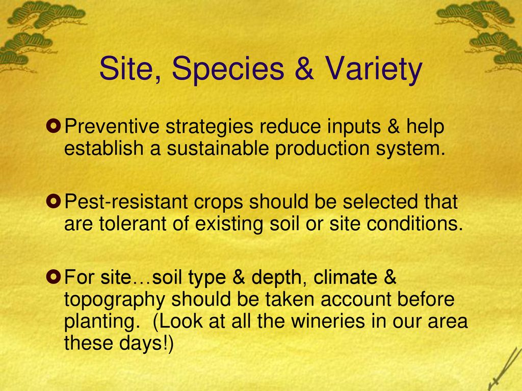 Site, Species & Variety Preventive strategies reduce inputs & help establish a sustainable production system.
