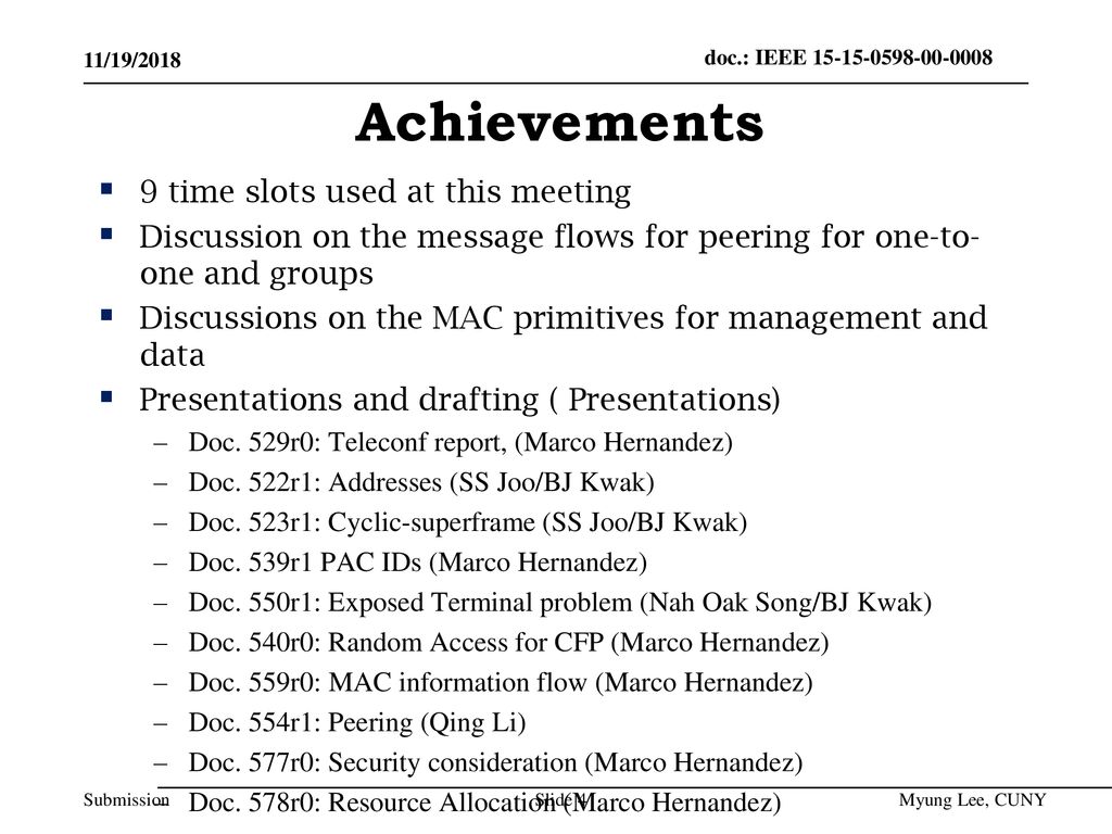 Achievements 9 time slots used at this meeting