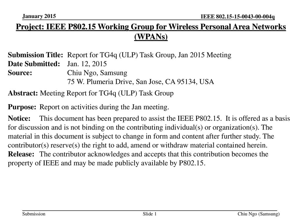 January 2015 Project: IEEE P Working Group for Wireless Personal Area Networks (WPANs)
