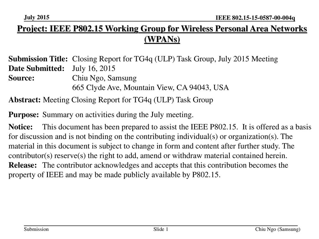 July 2015 Project: IEEE P Working Group for Wireless Personal Area Networks (WPANs)