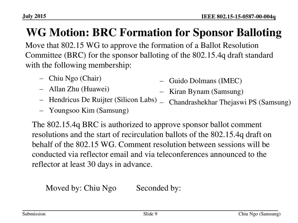 WG Motion: BRC Formation for Sponsor Balloting