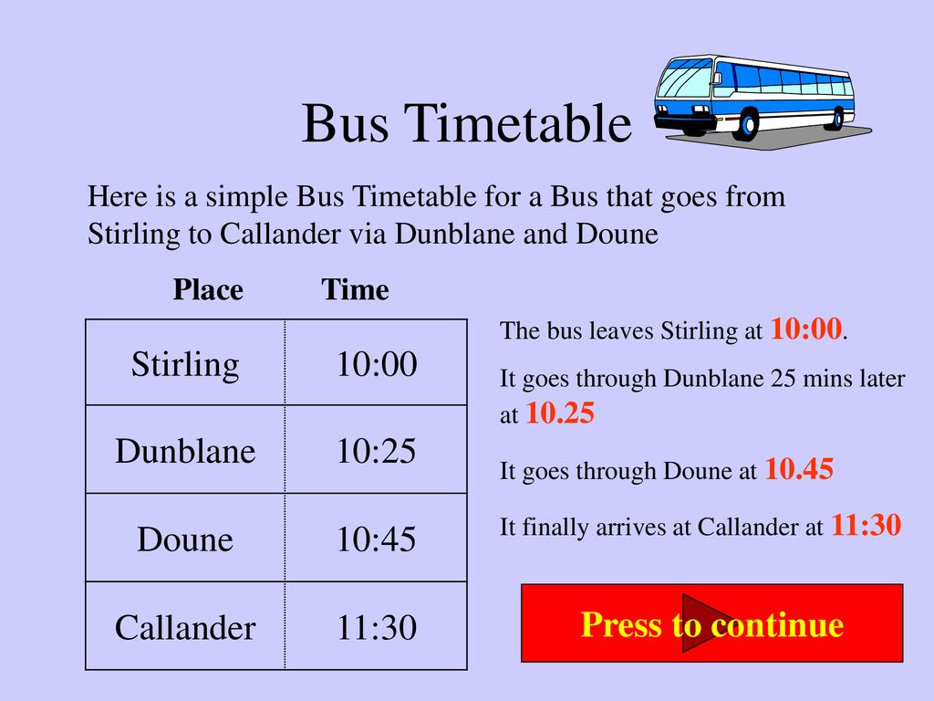Bus Timetable Stirling 10:00 Dunblane 10:25 Doune 10:45 Callander.