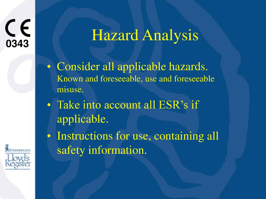 Hazard Analysis Consider all applicable hazards. Known and foreseeable, use and foreseeable misuse.