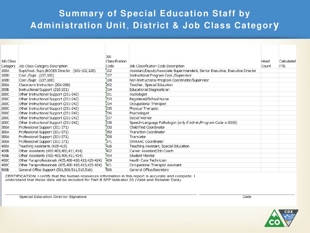 Summary of Special Education Staff by Administration Unit, District & Job Class Category