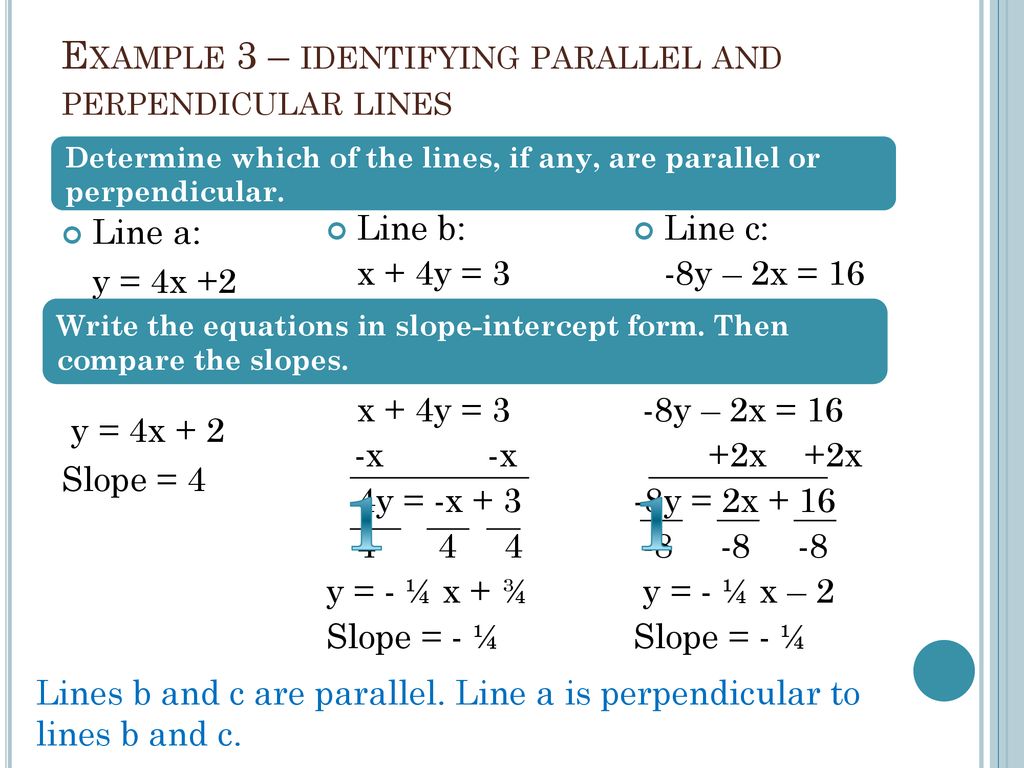 Parallel and perpendicular lines (Algebra 1, Formulating linear equations)  – Mathplanet