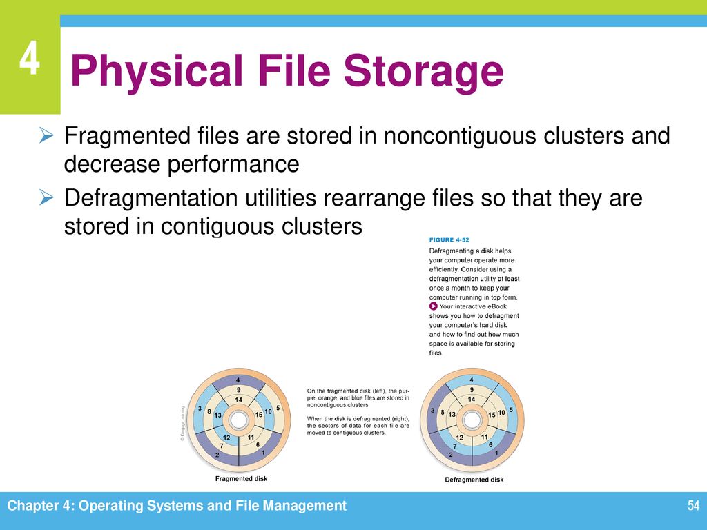 Physical File Storage Fragmented files are stored in noncontiguous clusters and decrease performance.