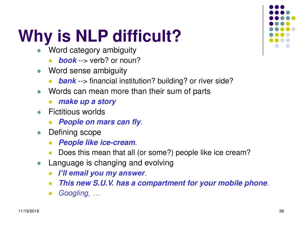 Why is NLP difficult Word category ambiguity Word sense ambiguity