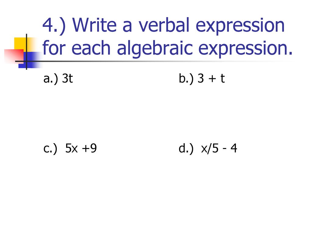 Chapter 155 Vocabulary 155.) variable 15.) algebraic expression - ppt