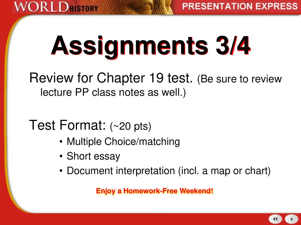 Assignments 3/4 Review for Chapter 19 test. (Be sure to review lecture PP class notes as well.) Test Format: (~20 pts)