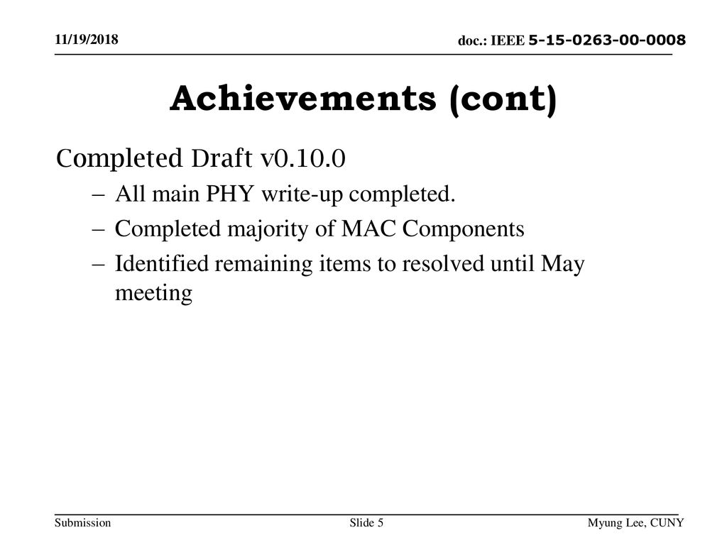 Achievements (cont) Completed Draft v0.10.0