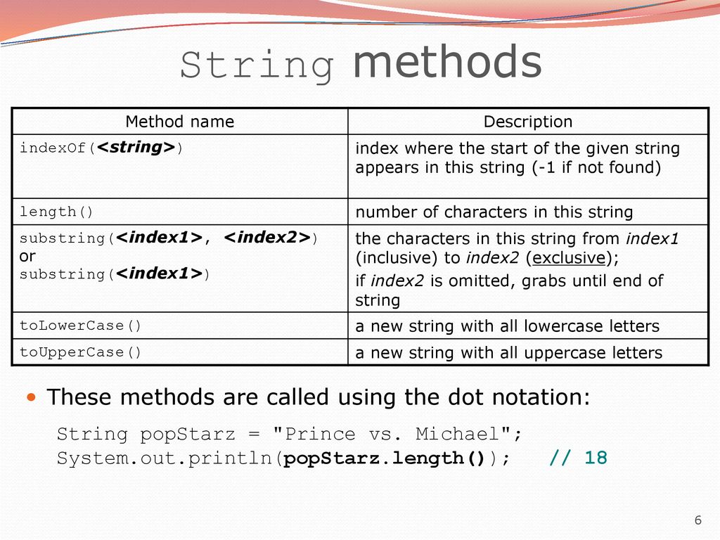 String methods These methods are called using the dot notation: