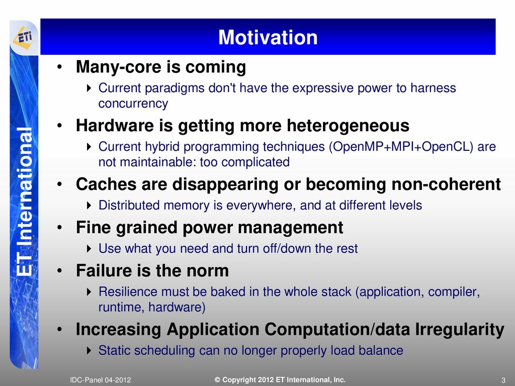 Motivation Many-core is coming Hardware is getting more heterogeneous