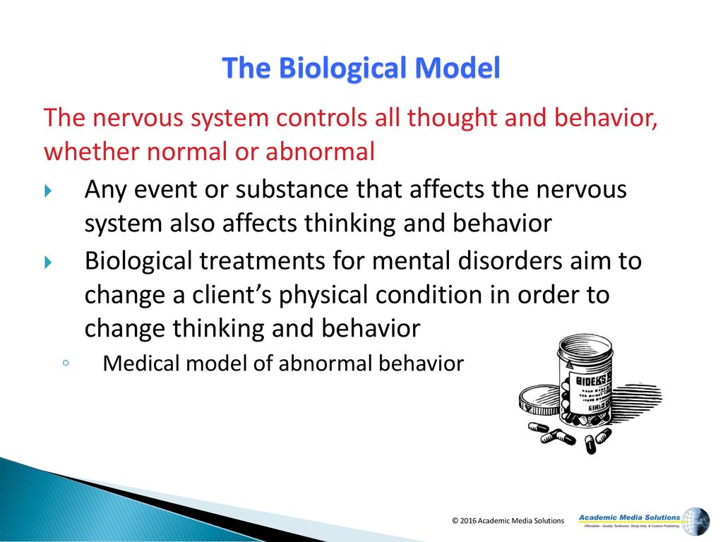 The Biological Model The nervous system controls all thought and behavior, whether normal or abnormal.