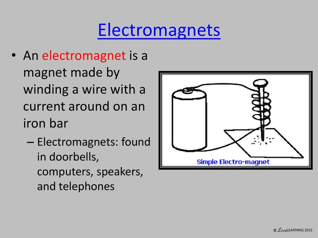 Electromagnets An electromagnet is a magnet made by winding a wire with a current around on an iron bar.