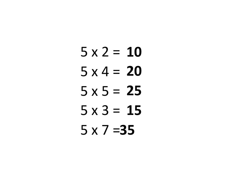 5 x 2 = 10 5 x 4 = 20 5 x 5 = 25 5 x 3 = 15 Further practice 5 x 7 = 35