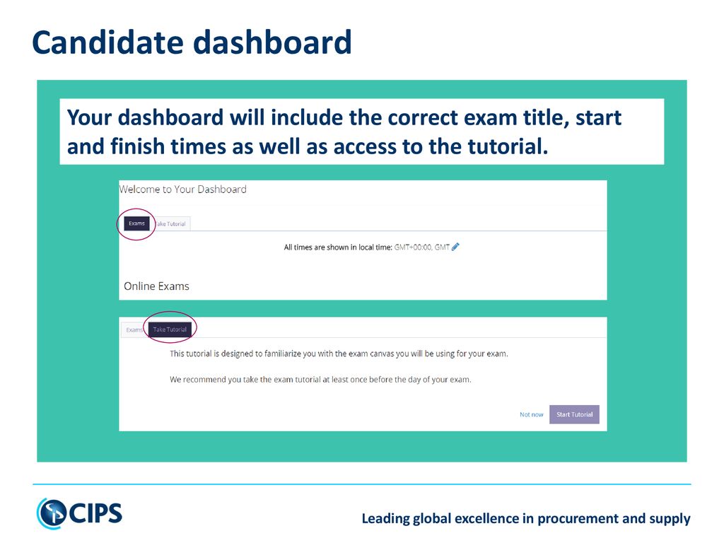 Candidate dashboard Your dashboard will include the correct exam title, start and finish times as well as access to the tutorial.