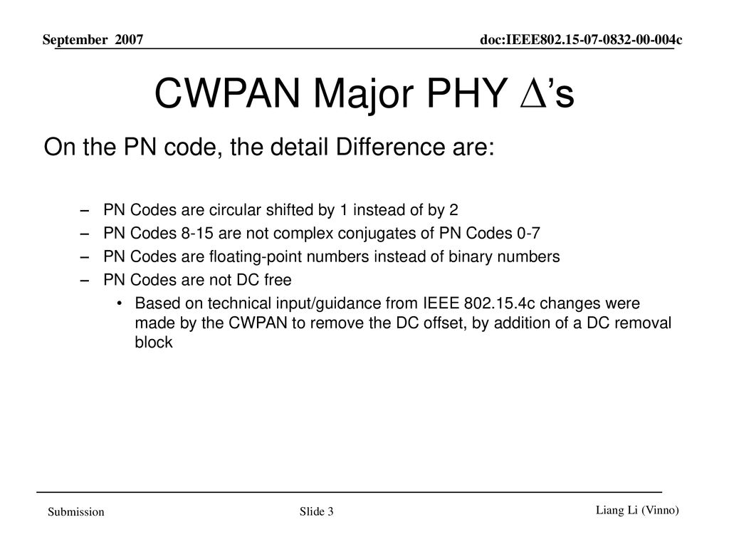 CWPAN Major PHY D’s On the PN code, the detail Difference are: