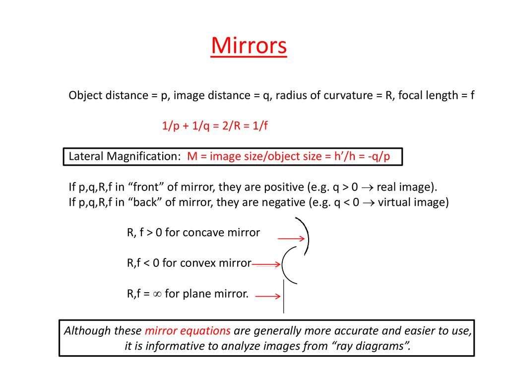 Mirrors Object Distance P Image Distance Q Radius Of Curvature R Focal Length F 1 P 1 Q 2 R 1 F If P Q R F In Front Of Mirror They Ppt Download