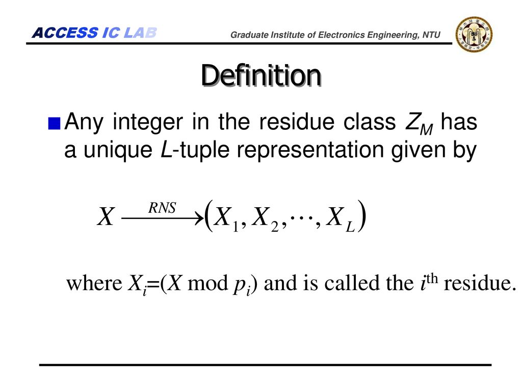 Definition Any integer in the residue class ZM has a unique L-tuple representation given by.