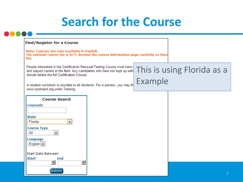 Search for the Course This is using Florida as a Example