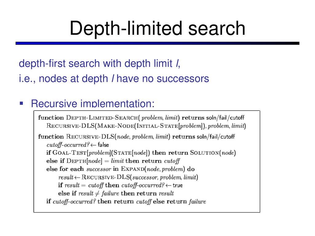 Depth-limited search depth-first search with depth limit l,