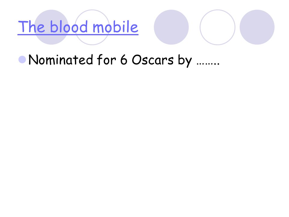 The blood mobile Nominated for 6 Oscars by ……..