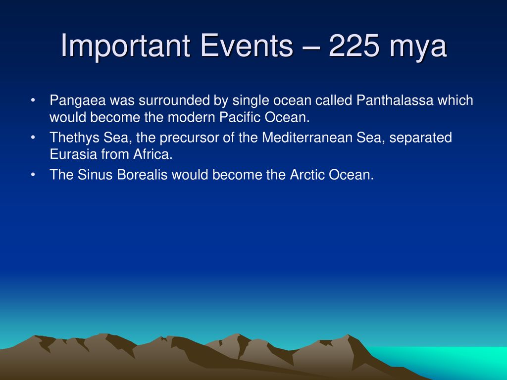 Important Events – 225 mya Pangaea was surrounded by single ocean called Panthalassa which would become the modern Pacific Ocean.