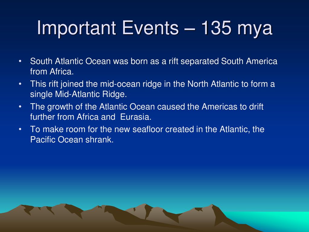 Important Events – 135 mya South Atlantic Ocean was born as a rift separated South America from Africa.