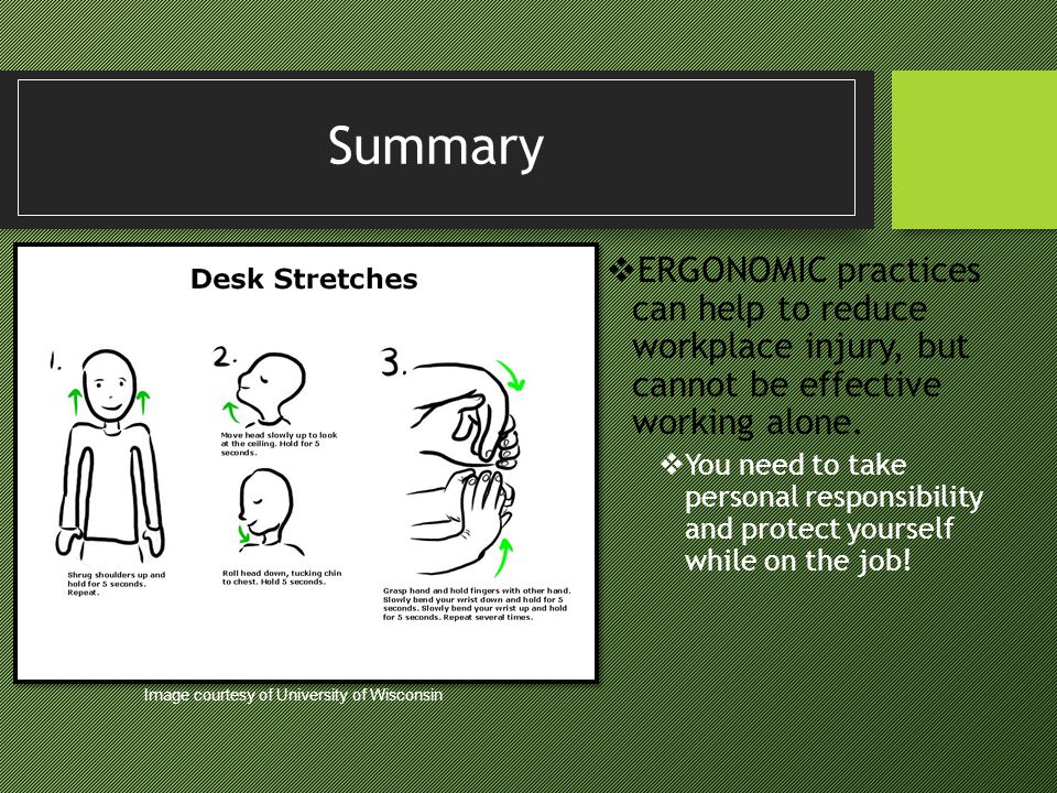 Summary ERGONOMIC practices can help to reduce workplace injury, but cannot be effective working alone.