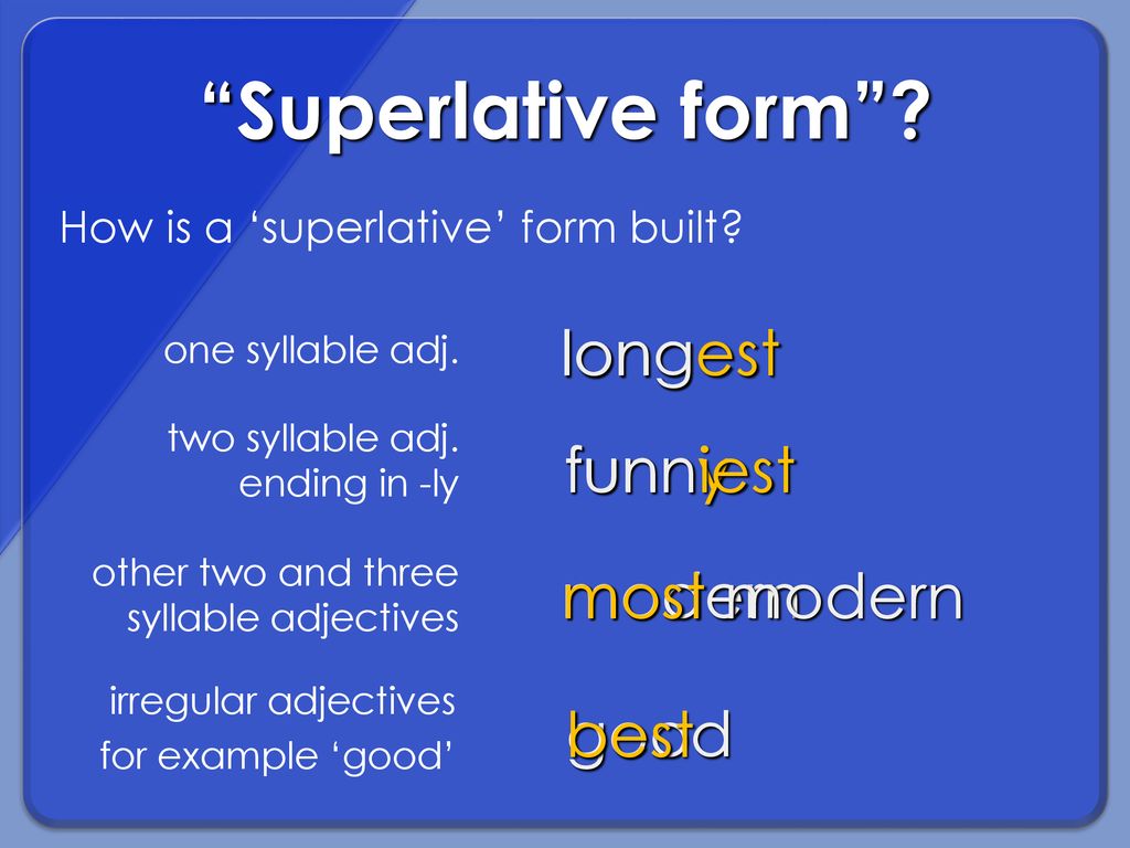 New superlative form. Modern Superlative form. Funny Superlative form. Irregular adjectives.